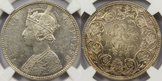 1890 B British India Silver Rupee Coin NGC MS62
