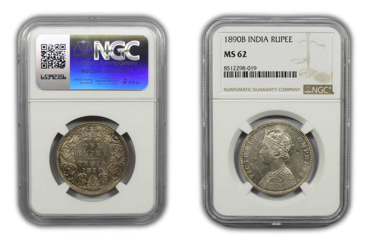 1890 B British India Silver Rupee Coin NGC MS62