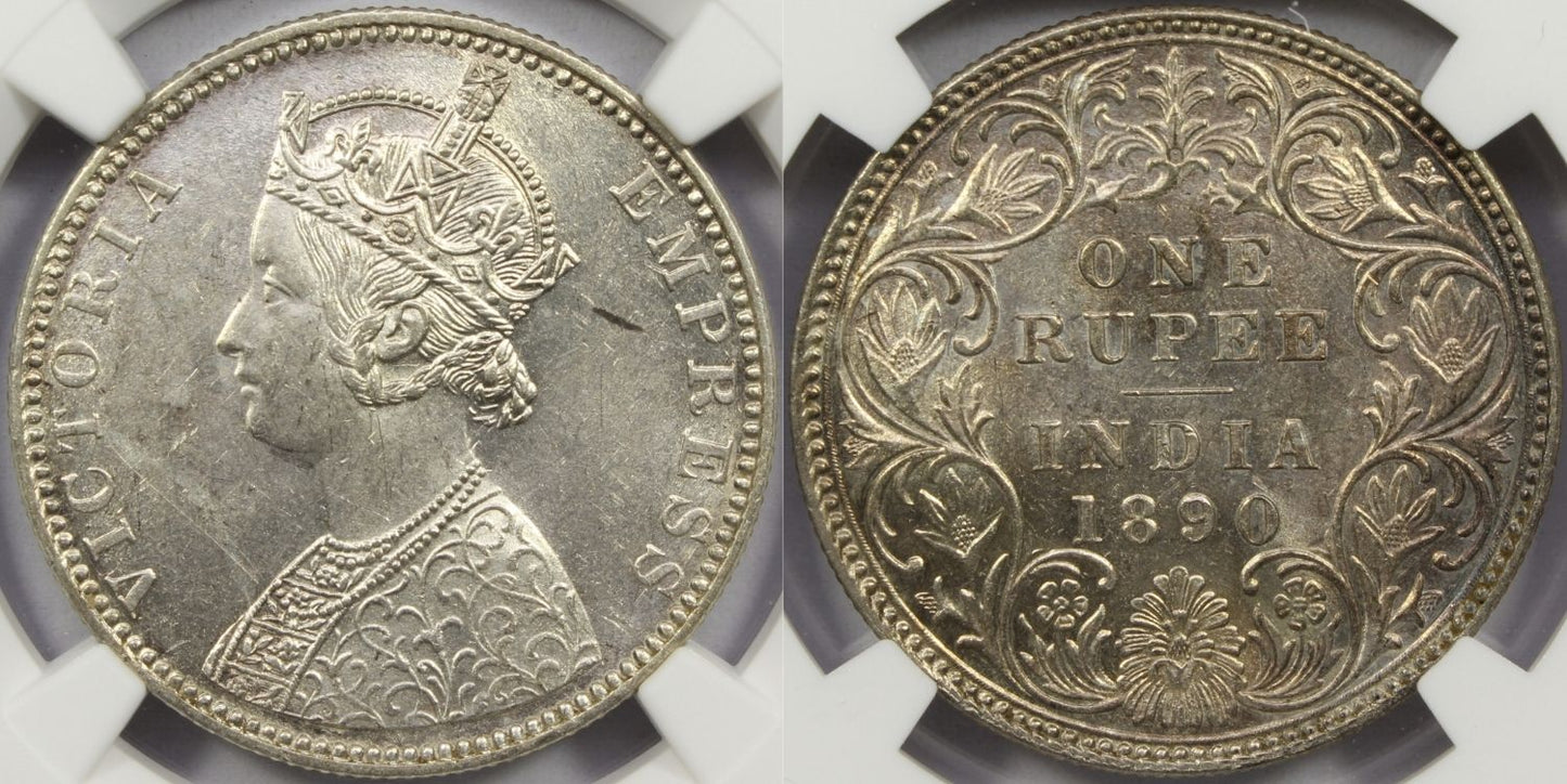 1890 B British India Silver Rupee Coin NGC MS62