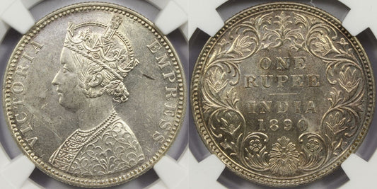 1890 B British India Silver Rupee Coin NGC MS62