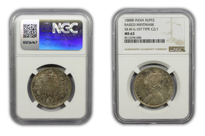 1888 B British India Silver Rupee Coin NGC MS63 Raised Mintmark Type C2/1