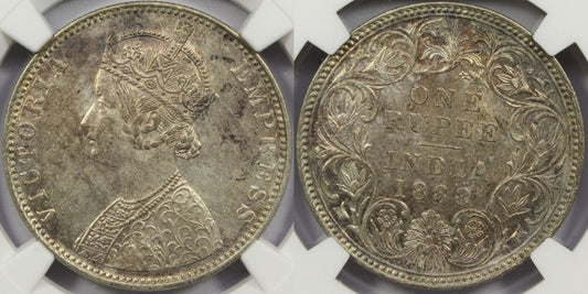1888 B British India Silver Rupee Coin NGC MS63 Raised Mintmark Type C2/1