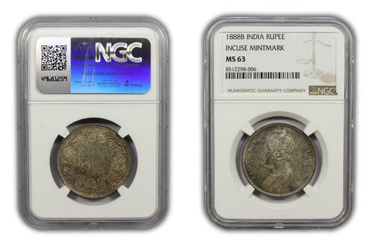 1888 B British India Silver Rupee Coin NGC MS63 Incuse Mintmark