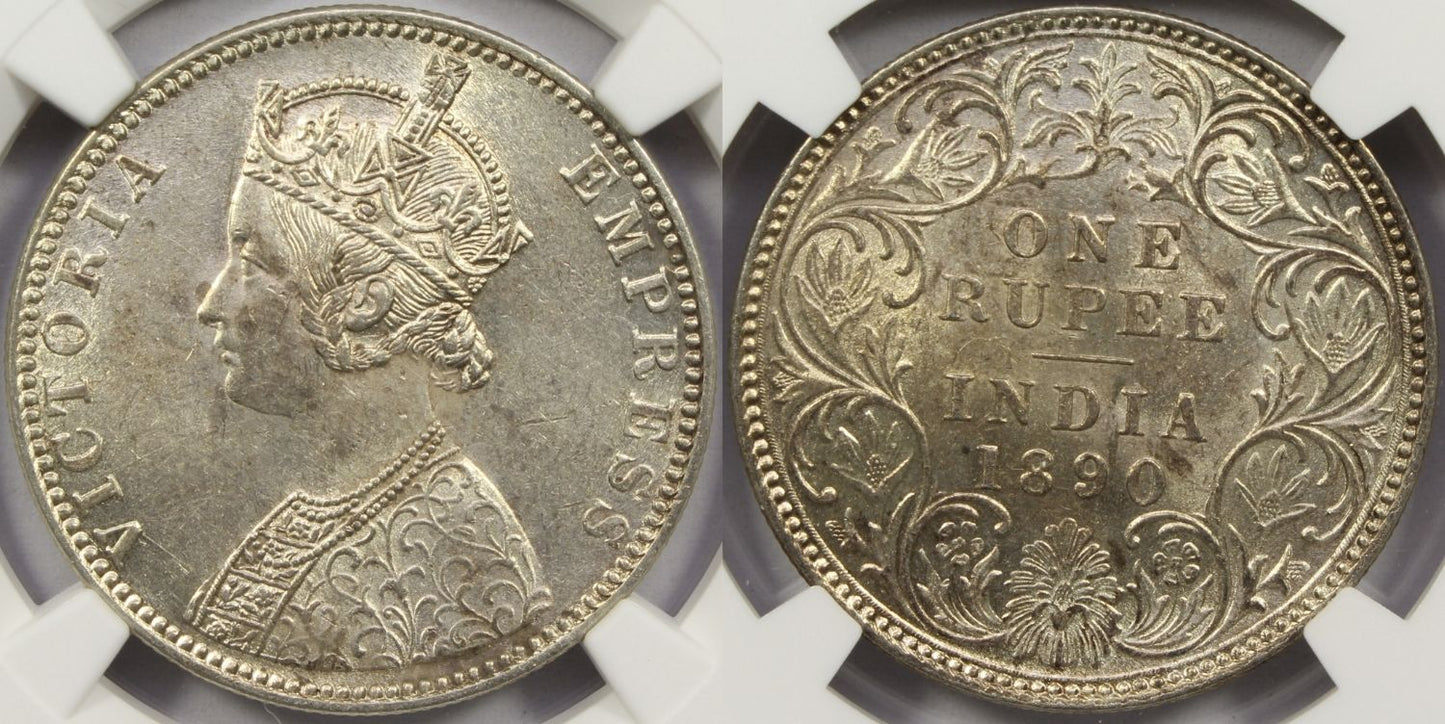 1890 B British India Silver Rupee Coin NGC MS63