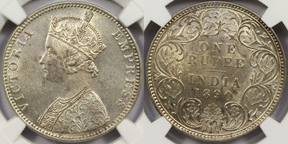 1890 B British India Silver Rupee Coin NGC MS63