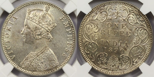 1890 B British India Silver Rupee Coin NGC MS63