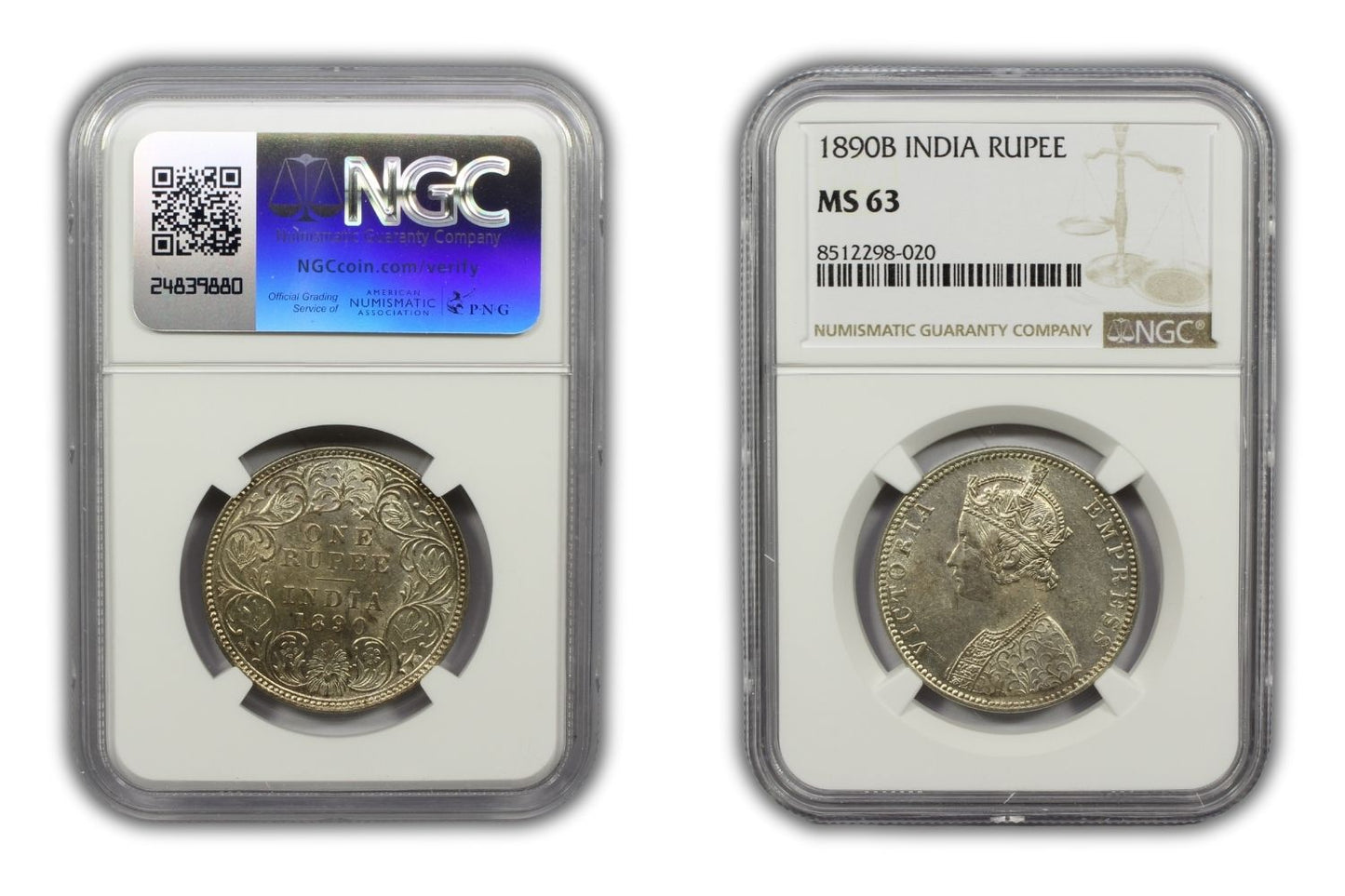 1890 B British India Silver Rupee Coin NGC MS63