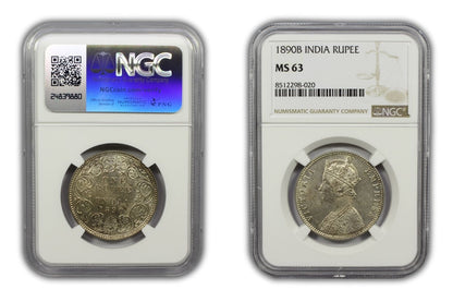1890 B British India Silver Rupee Coin NGC MS63