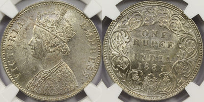 1887 B British India Silver Rupee Coin NGC MS62