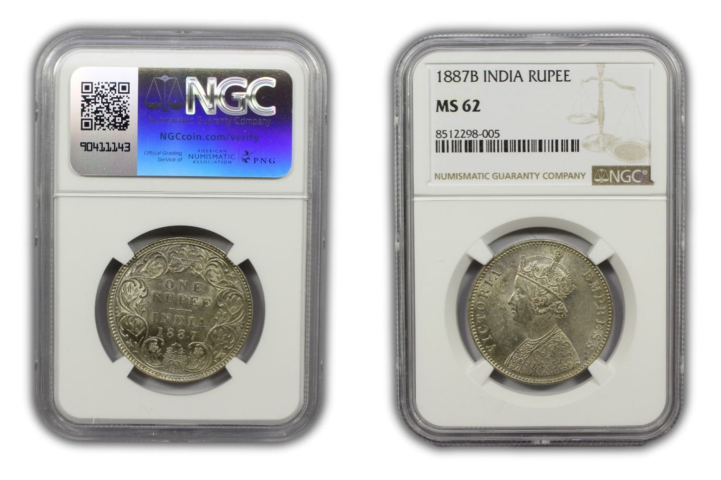1887 B British India Silver Rupee Coin NGC MS62