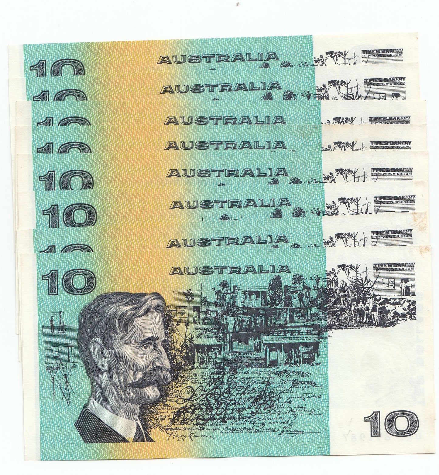Australia 1985 Johnston Fraser $10 Note CONSECUTIVE RUN OF 8 aUNC