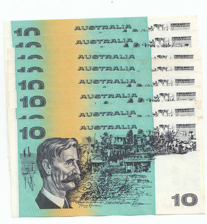 Australia 1985 Johnston Fraser $10 Note CONSECUTIVE RUN OF 8 aUNC