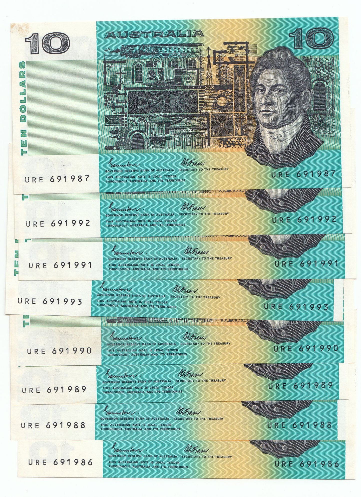 Australia 1985 Johnston Fraser $10 Note CONSECUTIVE RUN OF 8 aUNC