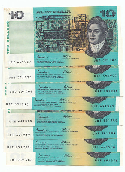 Australia 1985 Johnston Fraser $10 Note CONSECUTIVE RUN OF 8 aUNC