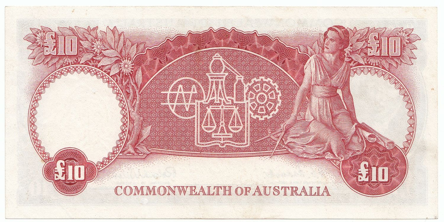 1954 Australia Coombs Wilson COMMONWEALTH BANK 10 Pound Note EF Details