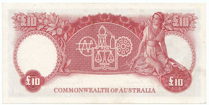1954 Australia Coombs Wilson COMMONWEALTH BANK 10 Pound Note EF Details