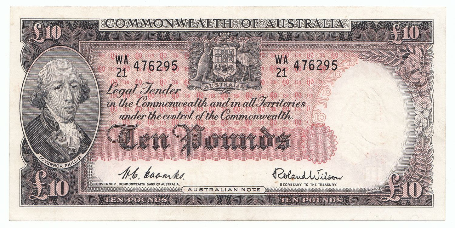 1954 Australia Coombs Wilson COMMONWEALTH BANK 10 Pound Note EF Details