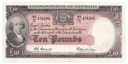 1954 Australia Coombs Wilson COMMONWEALTH BANK 10 Pound Note EF Details