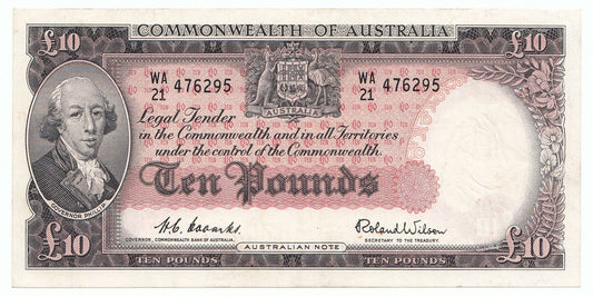 1954 Australia Coombs Wilson COMMONWEALTH BANK 10 Pound Note EF Details