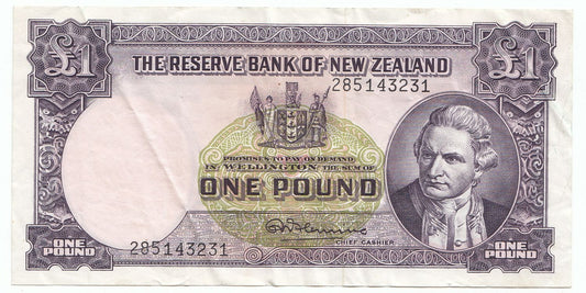1956 – 1967 New Zealand R.N. Fleming 1 Pound Note gVF