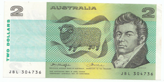 1976 Australia Knight Wheeler OCRB SIDE THREAD $2 Note EF