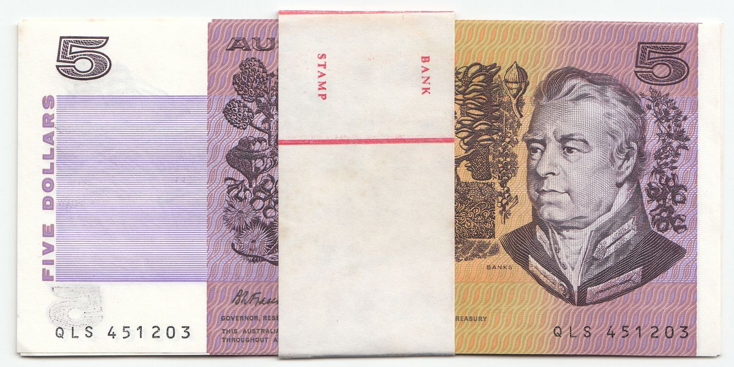 Australia 1991 Fraser Cole $5 Note CONSECUTIVE RUN OF 8 UNC IN BANK WRAPPER