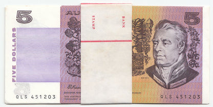 Australia 1991 Fraser Cole $5 Note CONSECUTIVE RUN OF 8 UNC IN BANK WRAPPER