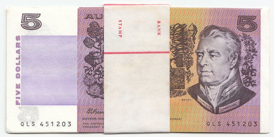 Australia 1991 Fraser Cole $5 Note CONSECUTIVE RUN OF 8 UNC IN BANK WRAPPER