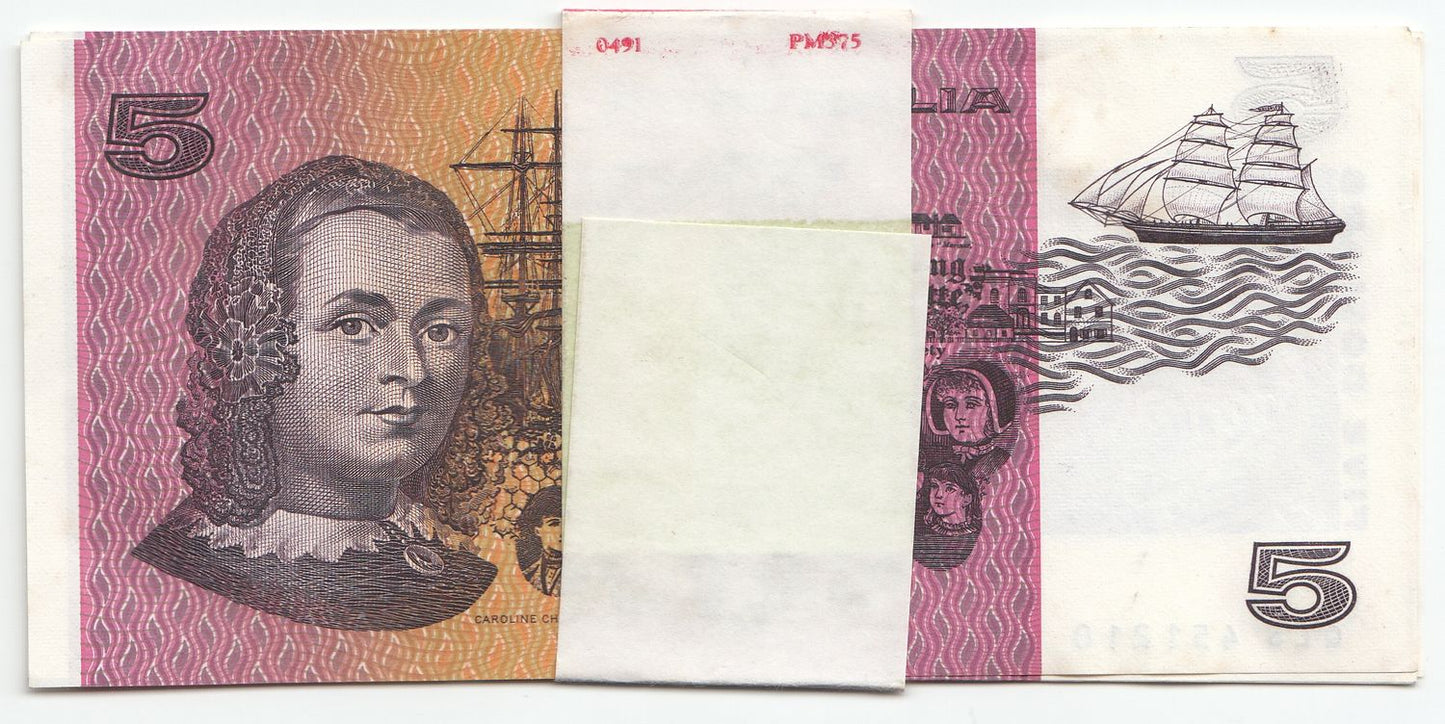 Australia 1991 Fraser Cole $5 Note CONSECUTIVE RUN OF 8 UNC IN BANK WRAPPER