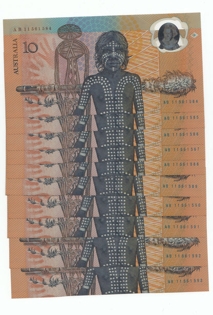 1988 Australia $10 Bicentenary Note UNC CONSECUTIVE RUN OF 10 SECOND RELEASE