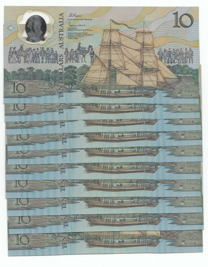 1988 Australia $10 Bicentenary Note UNC CONSECUTIVE RUN OF 10 SECOND RELEASE