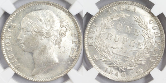 1840 India (C or B) Silver Rupee Coin NGC MS 63