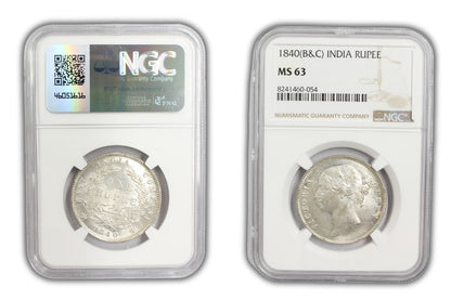 1840 India (C or B) Silver Rupee Coin NGC MS 63