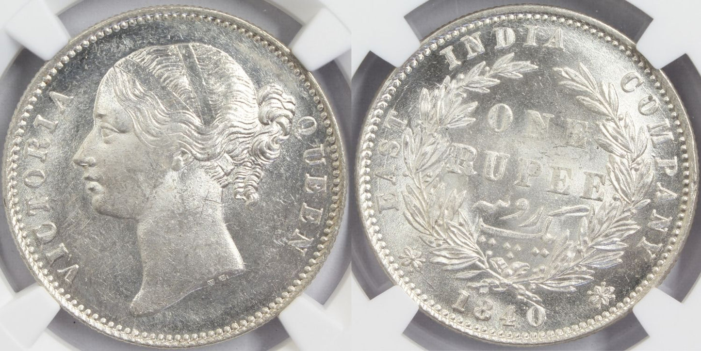 1840 India (C or B) Silver Rupee Coin NGC MS 63+