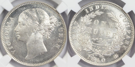 1840 India (C or B) Silver Rupee Coin NGC MS 63+