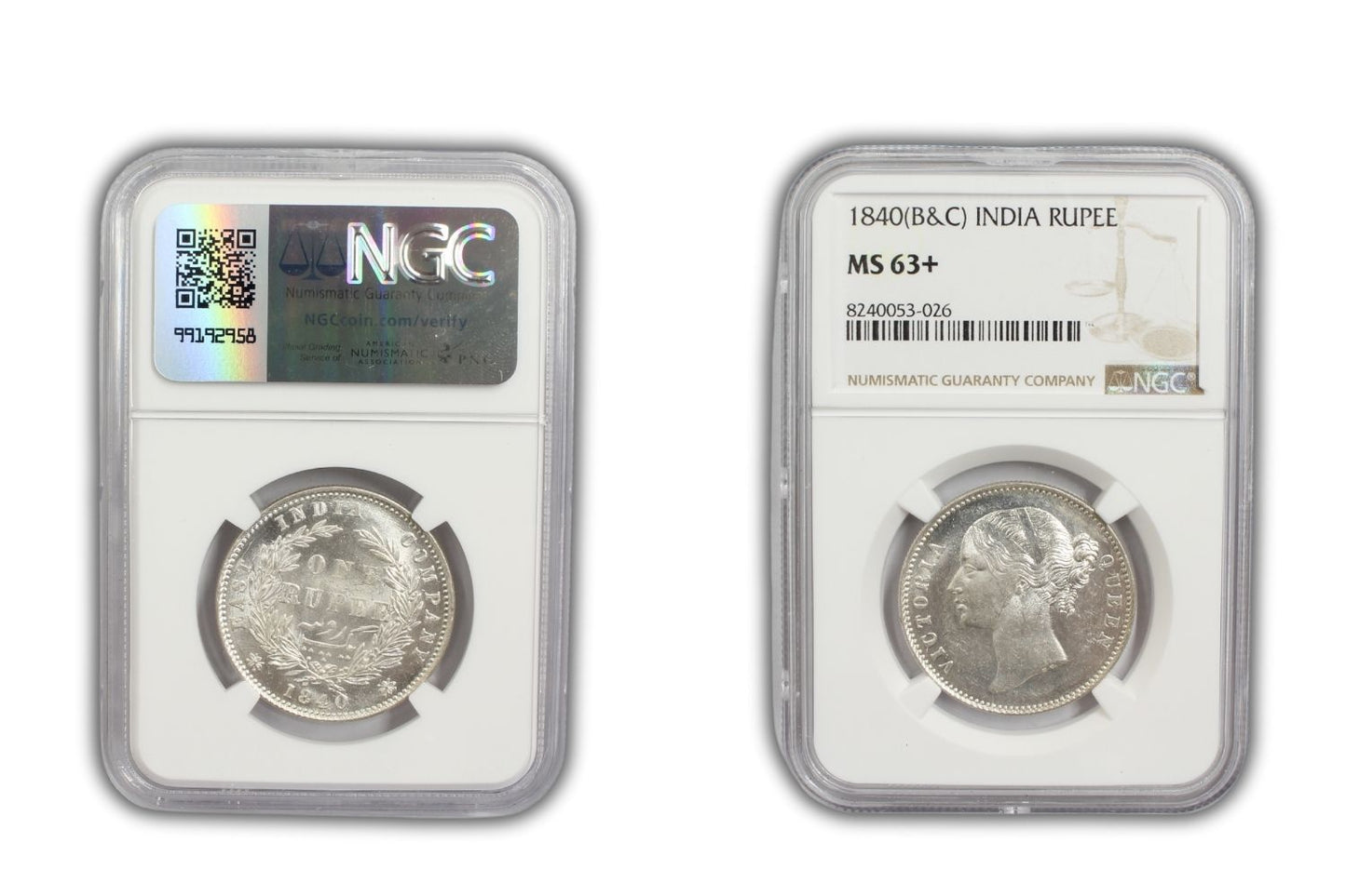 1840 India (C or B) Silver Rupee Coin NGC MS 63+