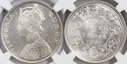 1862 M British India Rupee Coin PCGS MS63