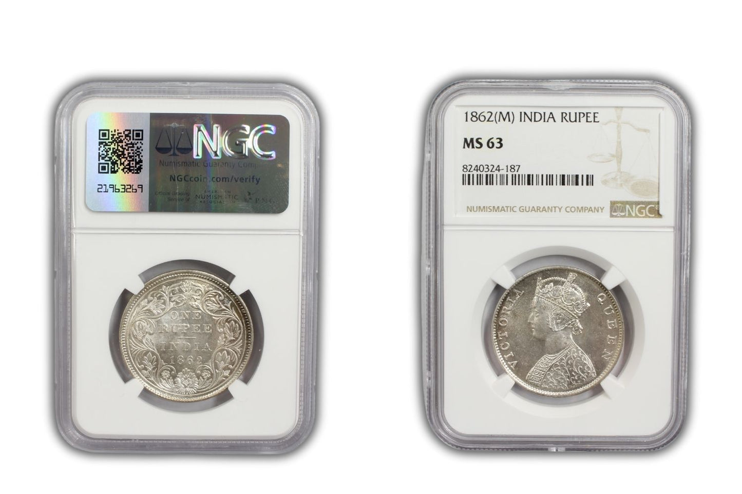 1862 M British India Rupee Coin PCGS MS63