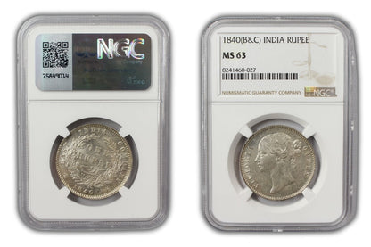 1840 India (C or B) Silver Rupee Coin NGC MS 63