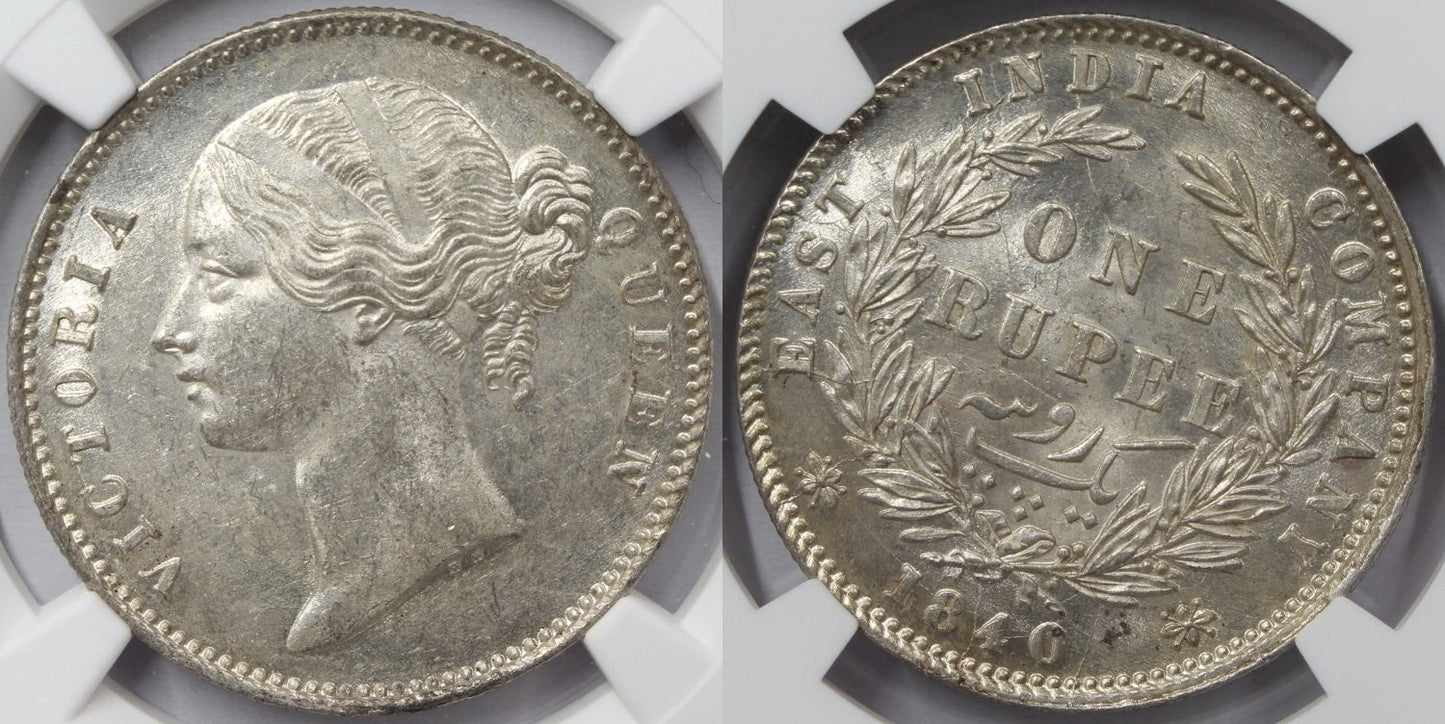 1840 India (C or B) Silver Rupee Coin NGC MS 63