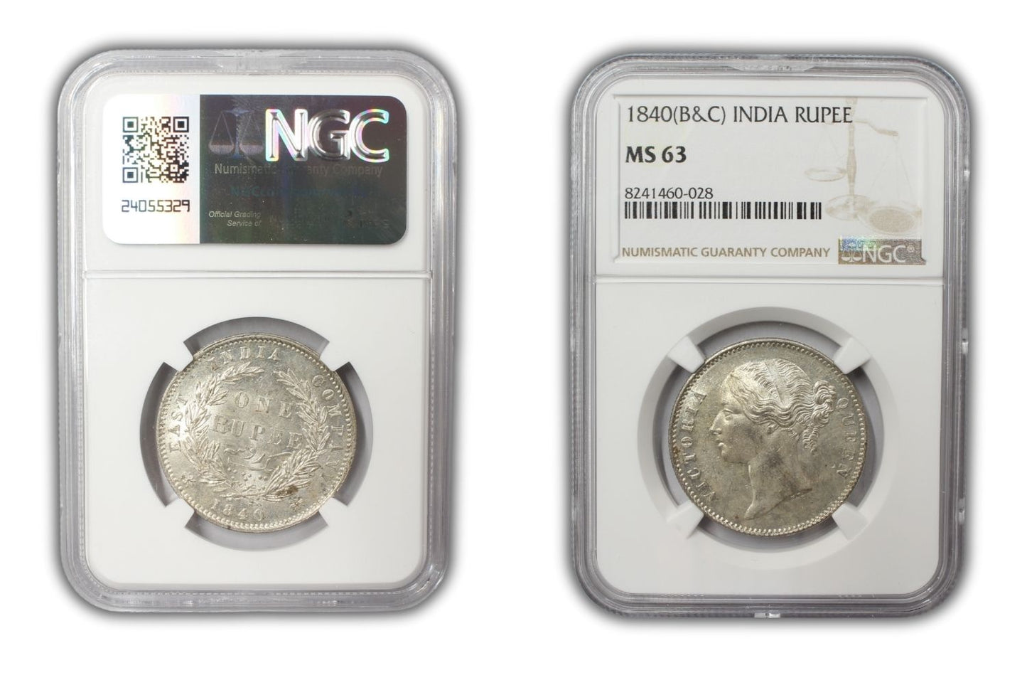 1840 India (C or B) Silver Rupee Coin NGC MS 63