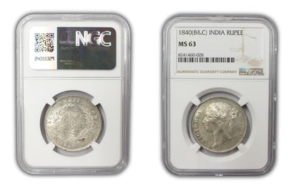 1840 India (C or B) Silver Rupee Coin NGC MS 63