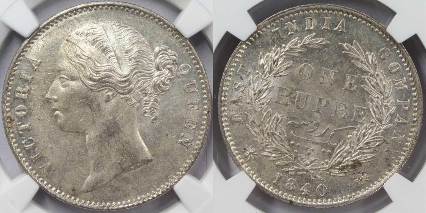 1840 India (C or B) Silver Rupee Coin NGC MS 63