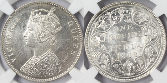1862 B British India Rupee Coin NGC MS63 Variety 0/6