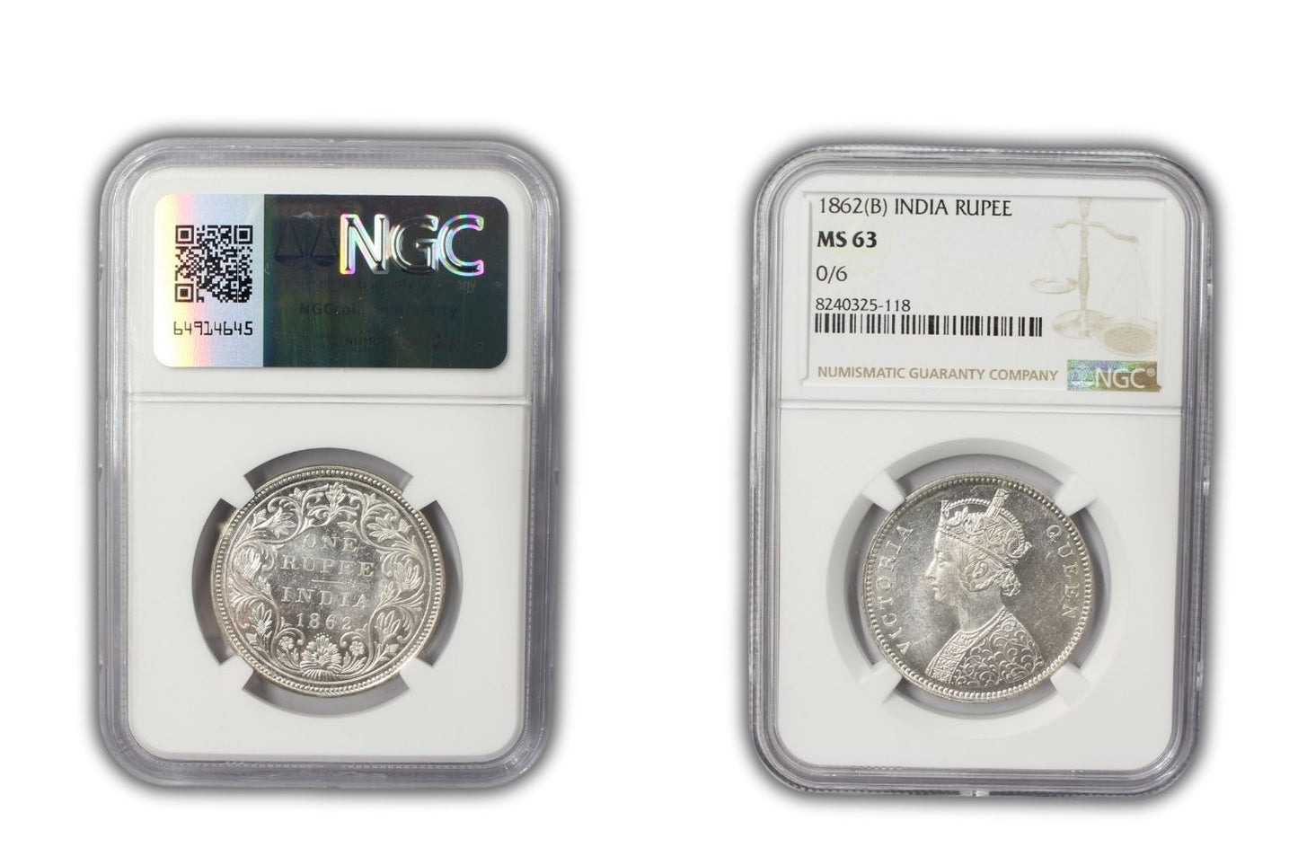 1862 B British India Rupee Coin NGC MS63 Variety 0/6