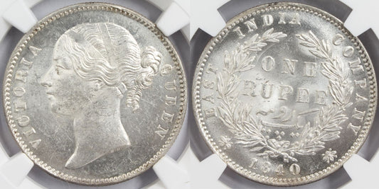 1840 India (C or B) Silver Rupee Coin NGC MS 63+
