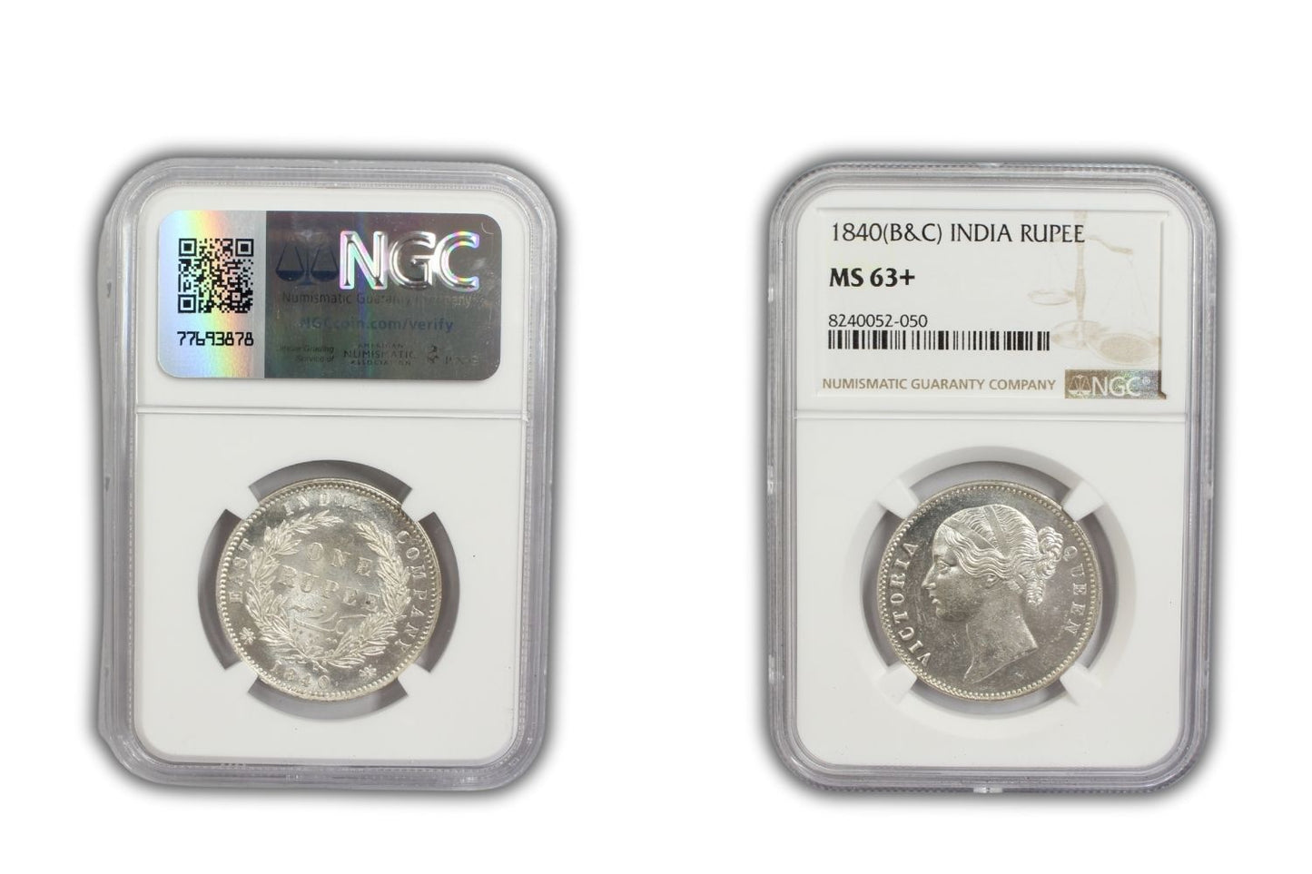 1840 India (C or B) Silver Rupee Coin NGC MS 63+