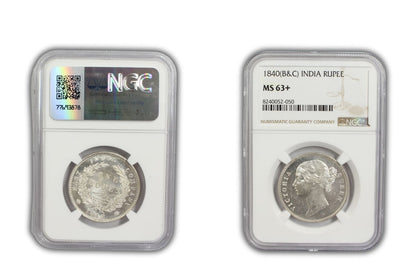 1840 India (C or B) Silver Rupee Coin NGC MS 63+