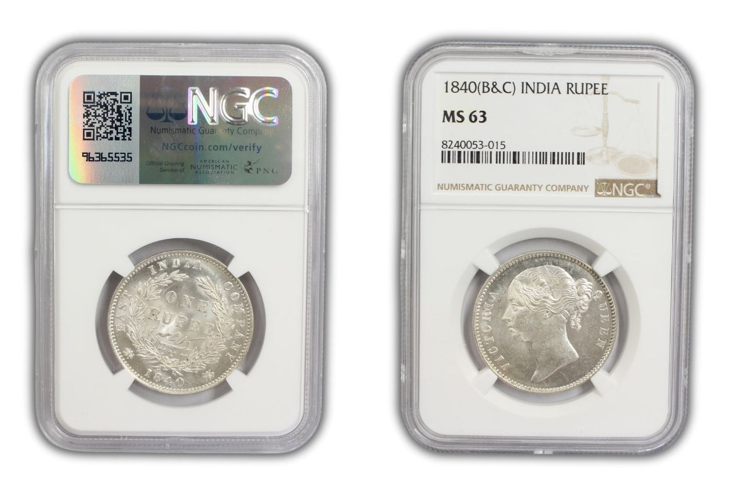 1840 India (C or B) Silver Rupee Coin NGC MS 63