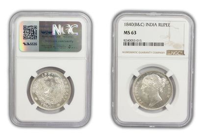 1840 India (C or B) Silver Rupee Coin NGC MS 63